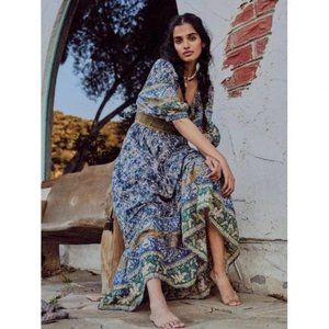 Free People Golden Hour Border Maxi Dress in Teal Combo, Floral Boho, Medium